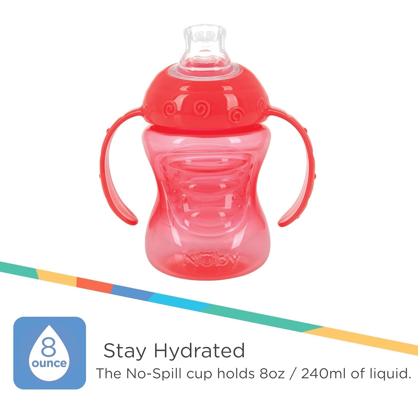 Nuby Plastic 2-Pack Two-Handle No-Spill Super Spout Grip N' Sip Cups, 8Oz, Coral And Aqua