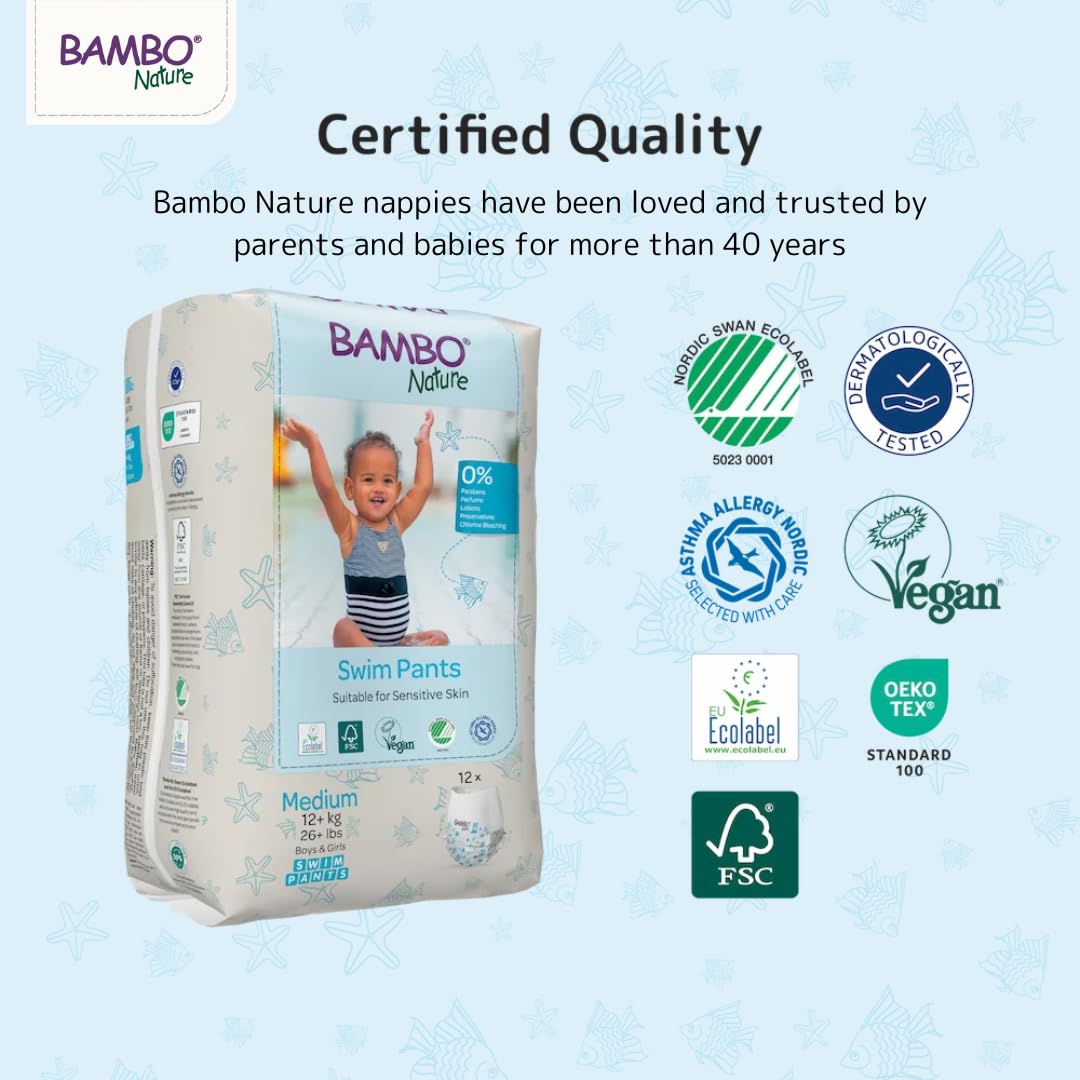 Bambo Nature Hypoallergenic Swim Pants, Eco-Labeled Swim Diapers, Double Leak Barriers - Medium (12 Count)