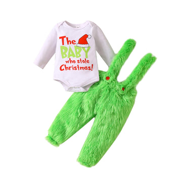 Visgogo Infant Baby Christmas Jumpsuit Set Letter Print Long Sleeve Romper Green Suspender Costume Pants (Green, 0-6 Months)