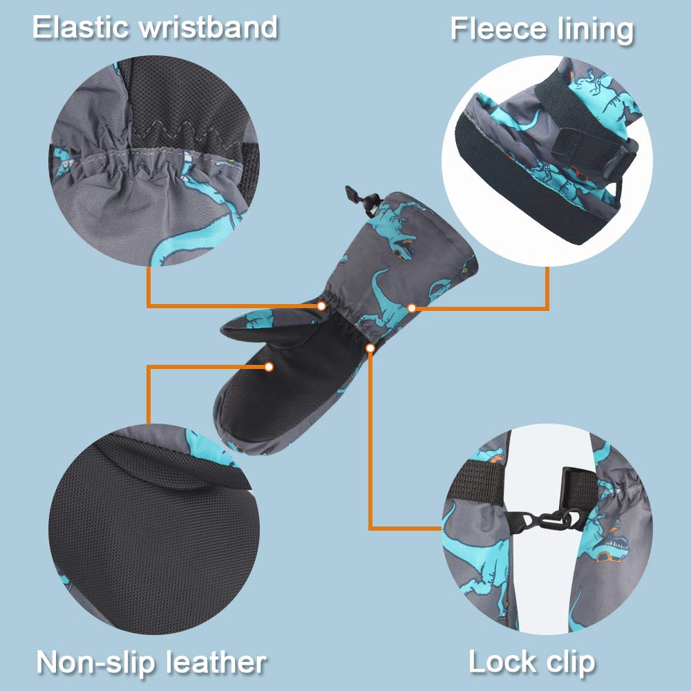 BAVST Winter Kids Waterproof Gloves for Boys Girls Snow Ski Toddler Baby Mittens Outdoor for Infant Teens 1-5T (Blue dinosaur, S