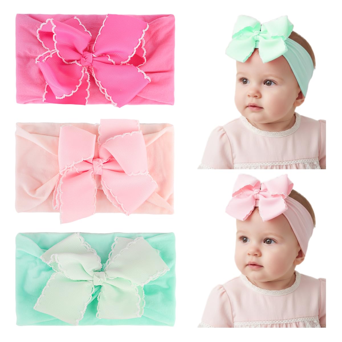 Snowie Soft 3Pcs Baby Headband Set For Girls Stretchy Cute Flower Baby Hairband For Newborn Infant Toddler Kids  Soft Nylon Hea