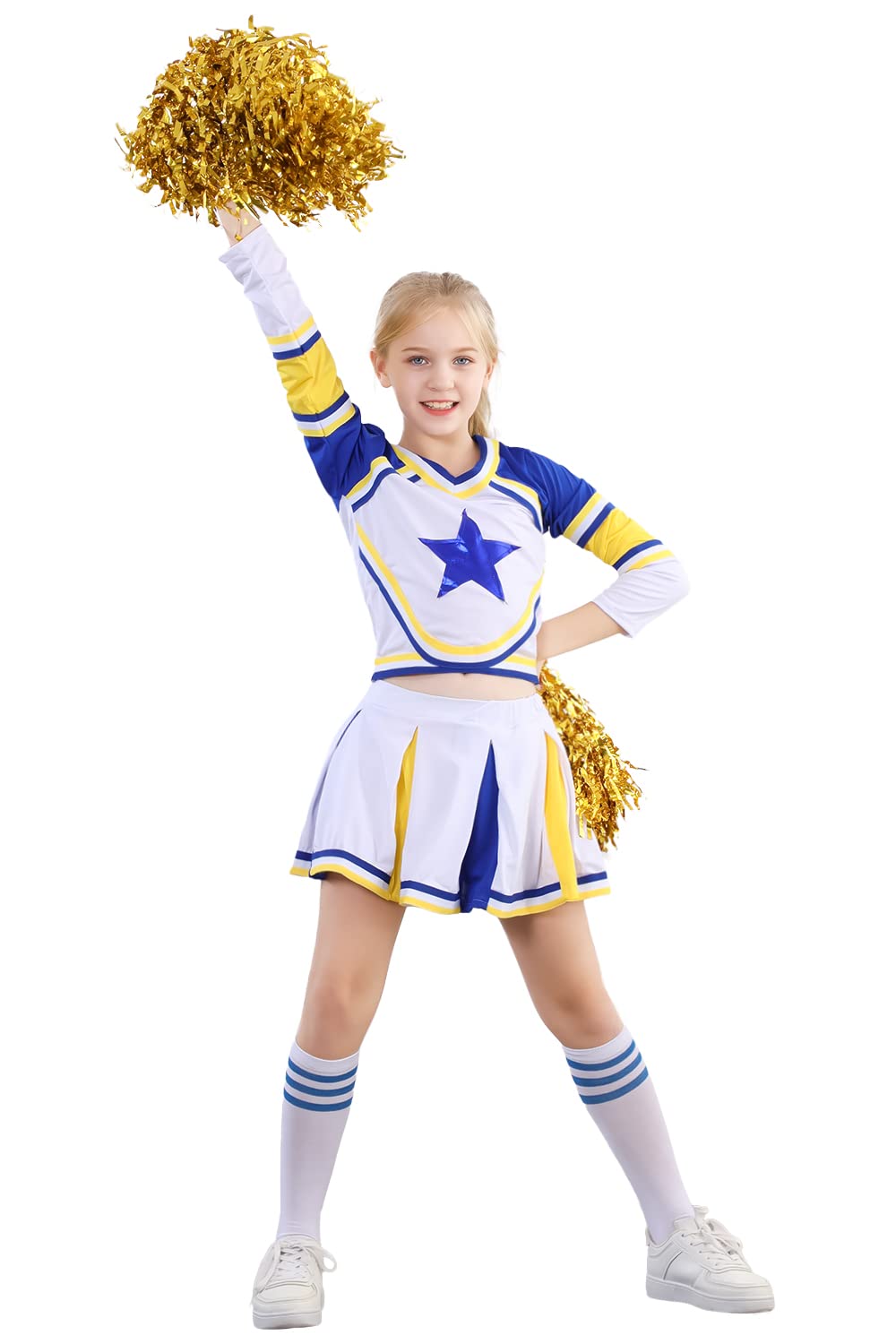 Lontakids Cheerleader Costume For Girls Cheerleading Uniform Dress Outfit With Stockings 2 Pom Poms (Blue, 160/11-12Years)