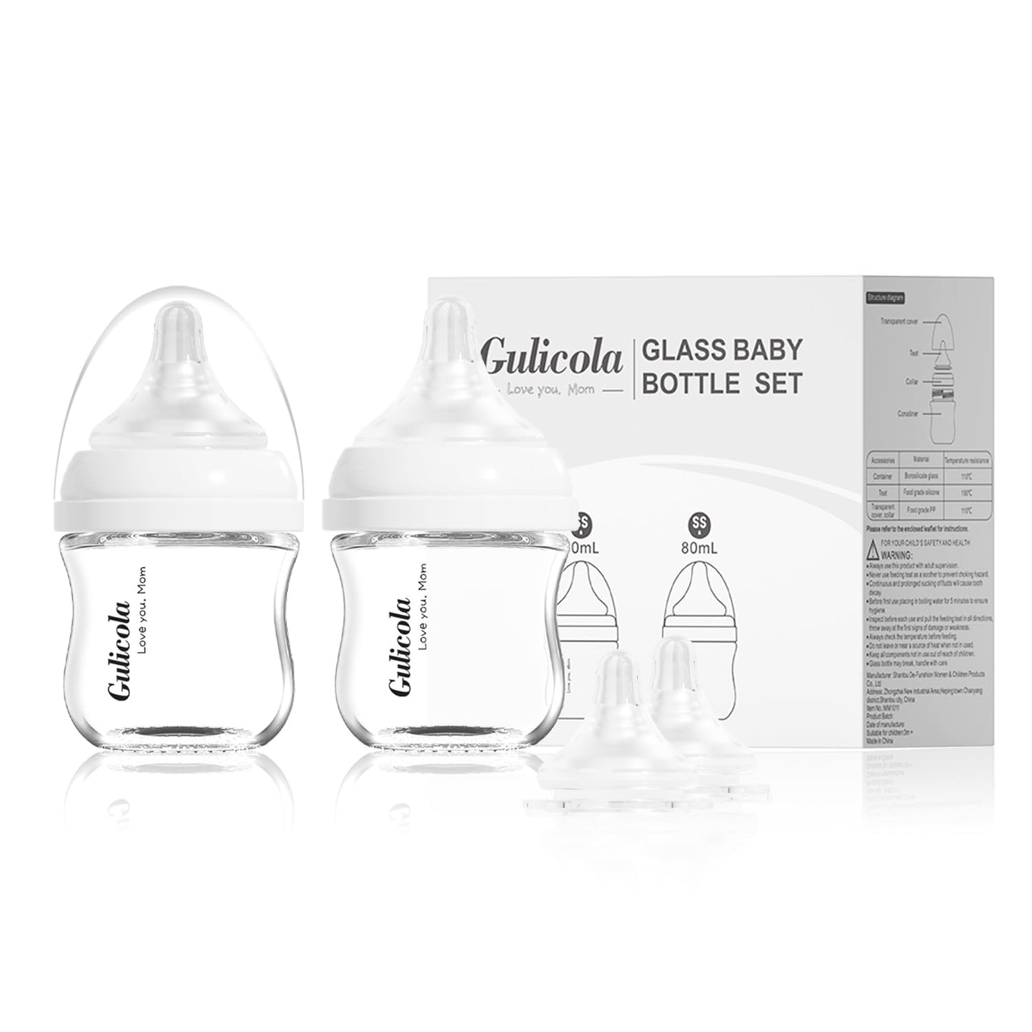Gulicola Small Glass Baby Bottle For Newborn Breastfeeding Babies, Preemie & Extra Slow Flow Nipples (Ss), Anti-Colic, Breast-Li