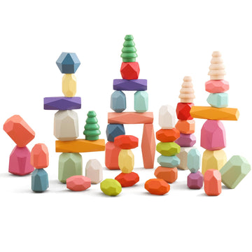 OESSUF Stacking Rocks 48Pcs Stacking Blocks Balancing Stacking Stones Wooden Building Toys Wood Stone Stacking Game for Toddler 
