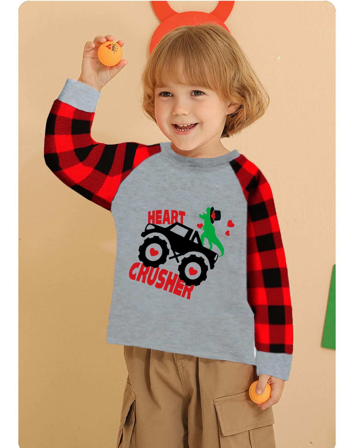 Valentine'S Day Shirt For Toddler Boy Heart Monster Truck Dinosaur Heart Crusher Clothes Dino Buffalo Red Plaid Raglan Sleeve Ki