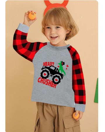 Valentineday Buffalo Red Plaid Shirt For Toddler Boy Heart Crusher Dino Monster Truck Dinosaur Clothes Raglan Sleeve Kids Tee To