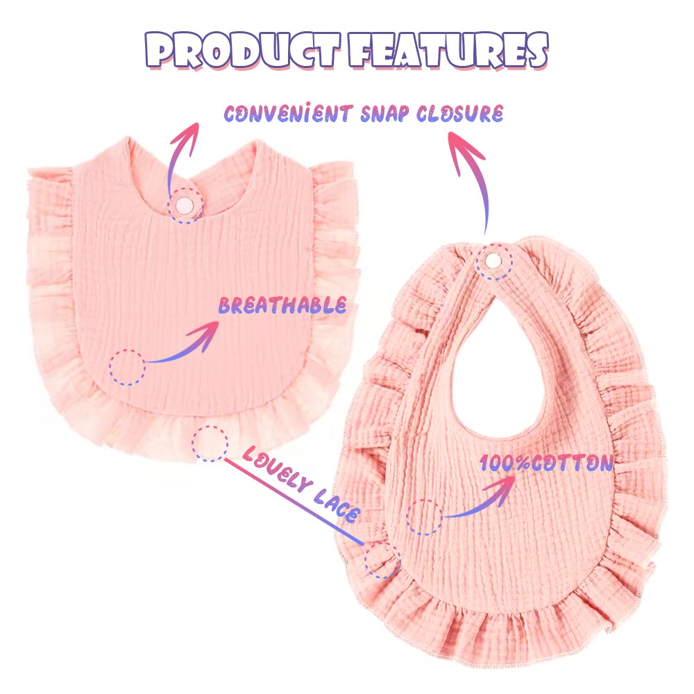 Jiahang Baby Girls Muslin Cotton Drool Bibs, Flounce Edge Lace Teething Feeding Burp Cloths Multi-Use Saliva Towel 6Pcs For Newb