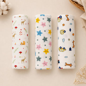 Baby Toes Muslin Swaddle Wraps 110 x 110 cm, Set of 3 Multipurpose,