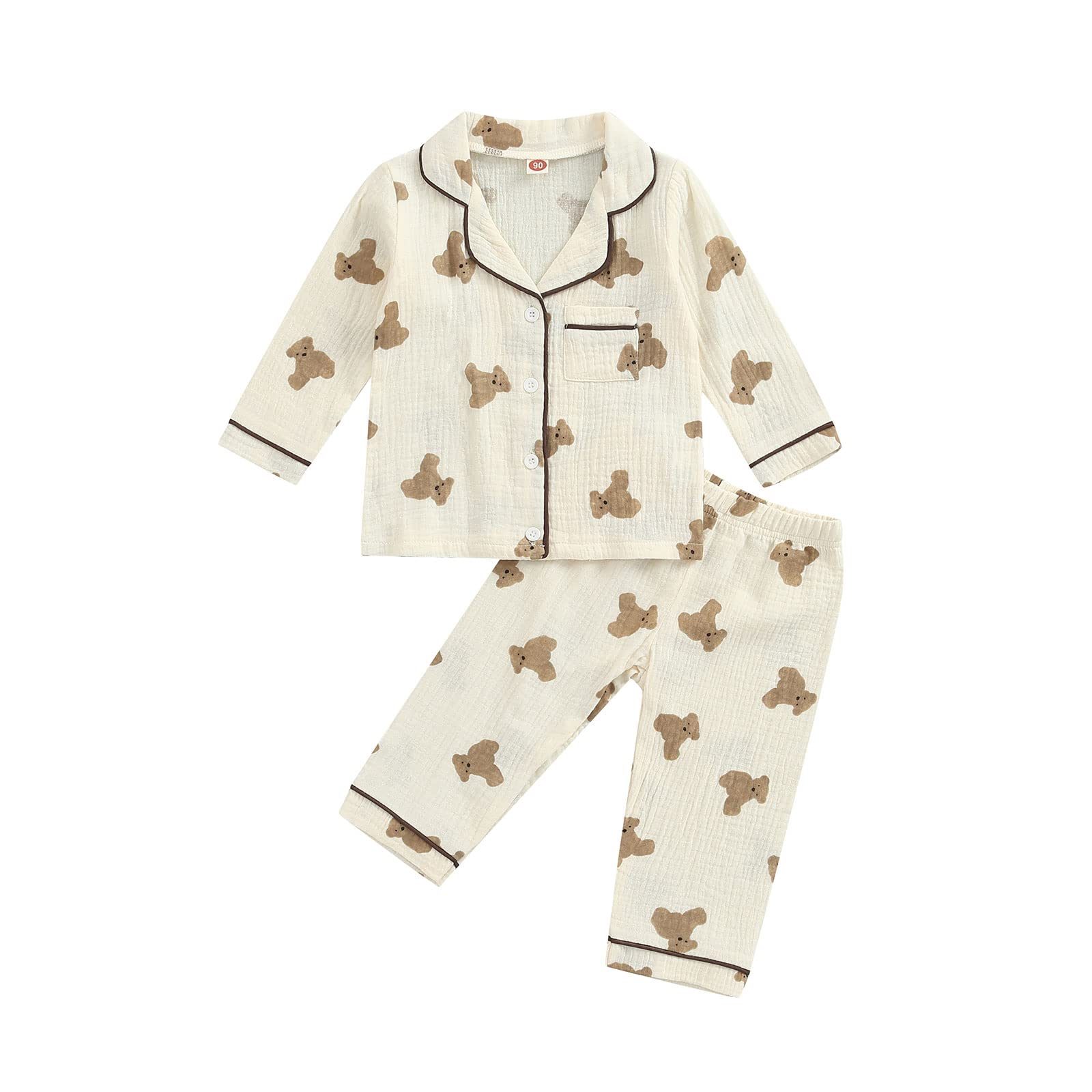 BULINGNA Kids Toddler Girl Boy Two Piece Pajamas Set Button Down Pajama Shirt Top Pants Shorts Bear Sleepwear Pjs Set, Apricot, 
