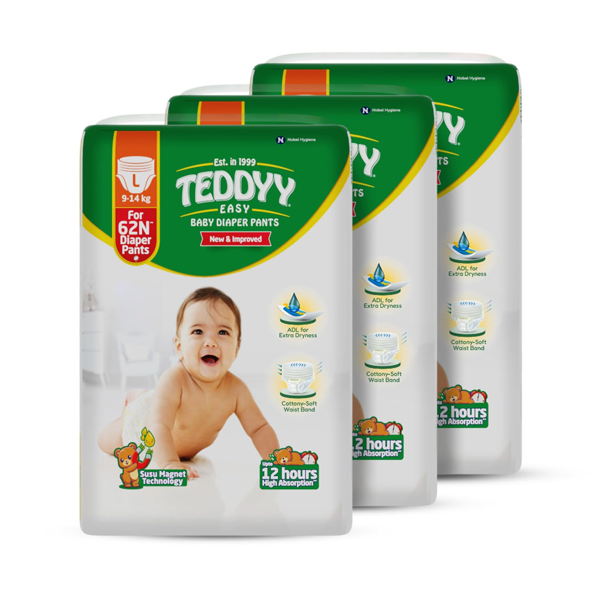 Teddyy Baby Easy Pant Diapers Large 186 Count (Pack Of 3), 914 Kgs, 12 Hrs Leak Protection, Anti  Bacterial