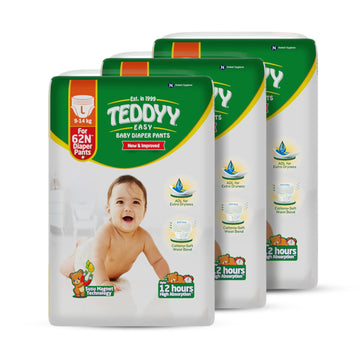 Teddyy Baby Easy Pant Diapers Large 186 Count (Pack Of 3), 914 Kgs, 12 Hrs Leak Protection, Anti  Bacterial
