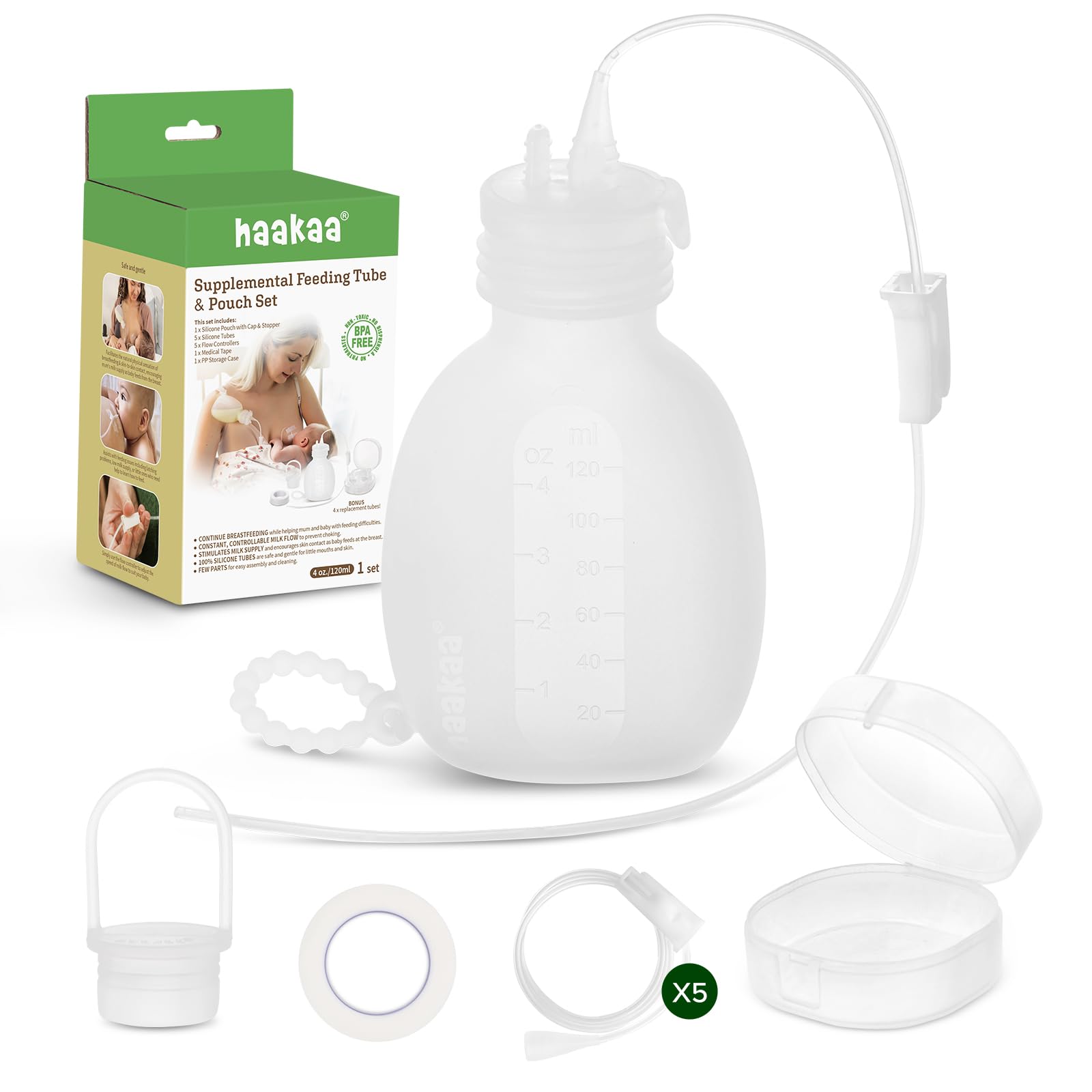 Haakaa Silicone Supplemental Feeding Tube & Pouch Set - Breastfeeding Assistance Kit for Low Supply, Latching Support, Donor or 