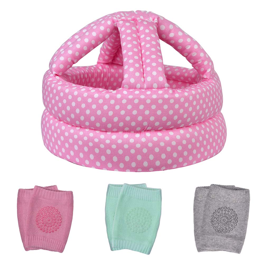 Toraso Baby Helmet & Baby Knee Pads For Crawling,Infant Helmet & Walking Baby Helmet,For Age 6-36 Months,Pink Dots(A)