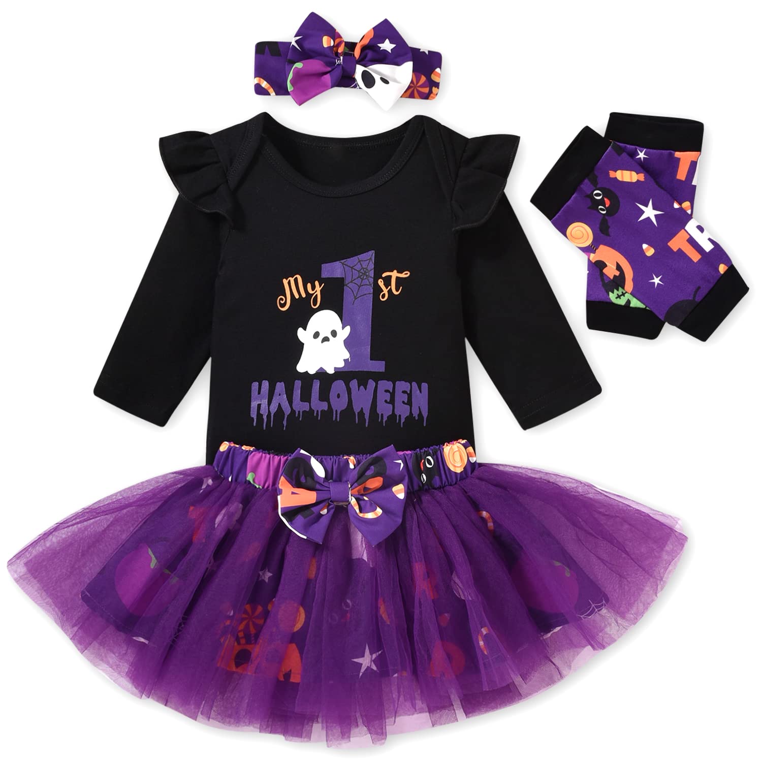 Aalizzwell 0-3 Months Baby Girls Halloween Outfit Infant 1St Halloween My Tulle Skirt Ghost Clothes With Leg Warmers Clothing Pu