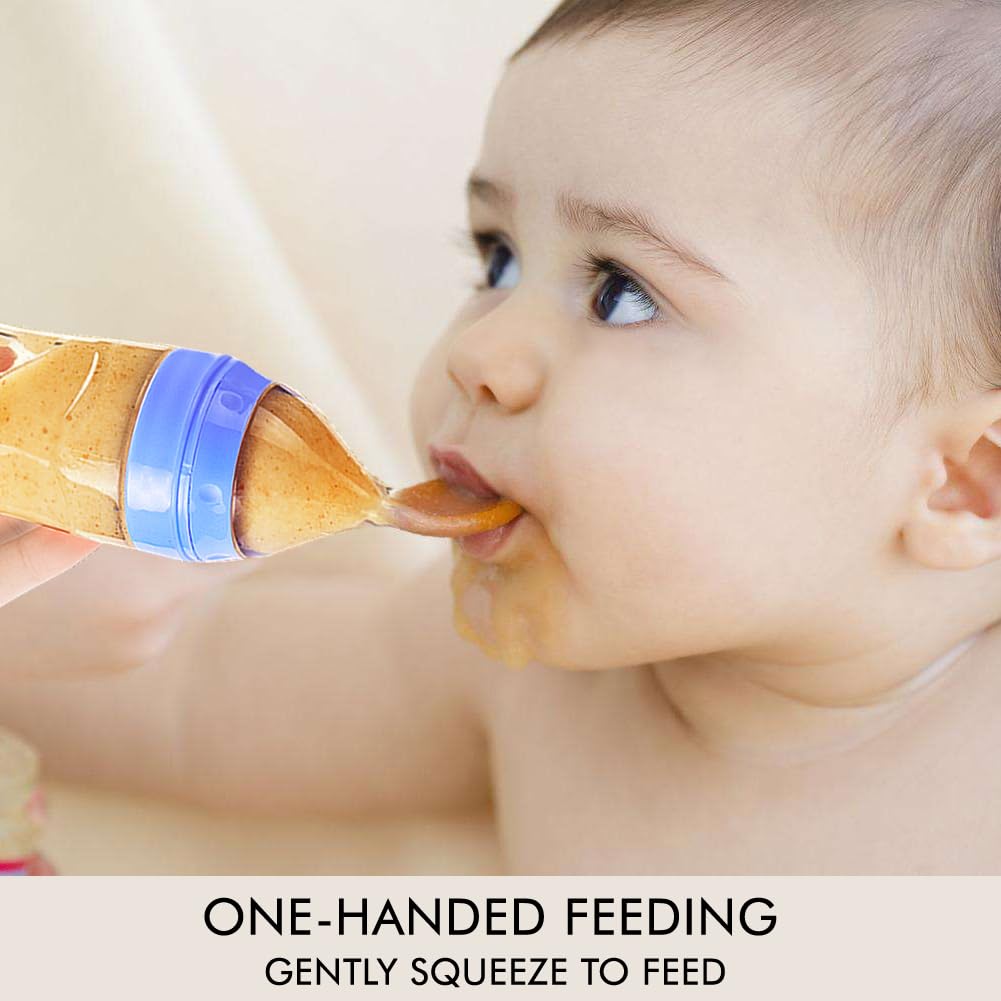 Matyz 2 Pcs Silicone Baby Food Dispensing Spoon (Blue, 4Oz/120Ml) Squeeze Feeder With Spoon - Spoon Bottle For Baby - Baby Spoon