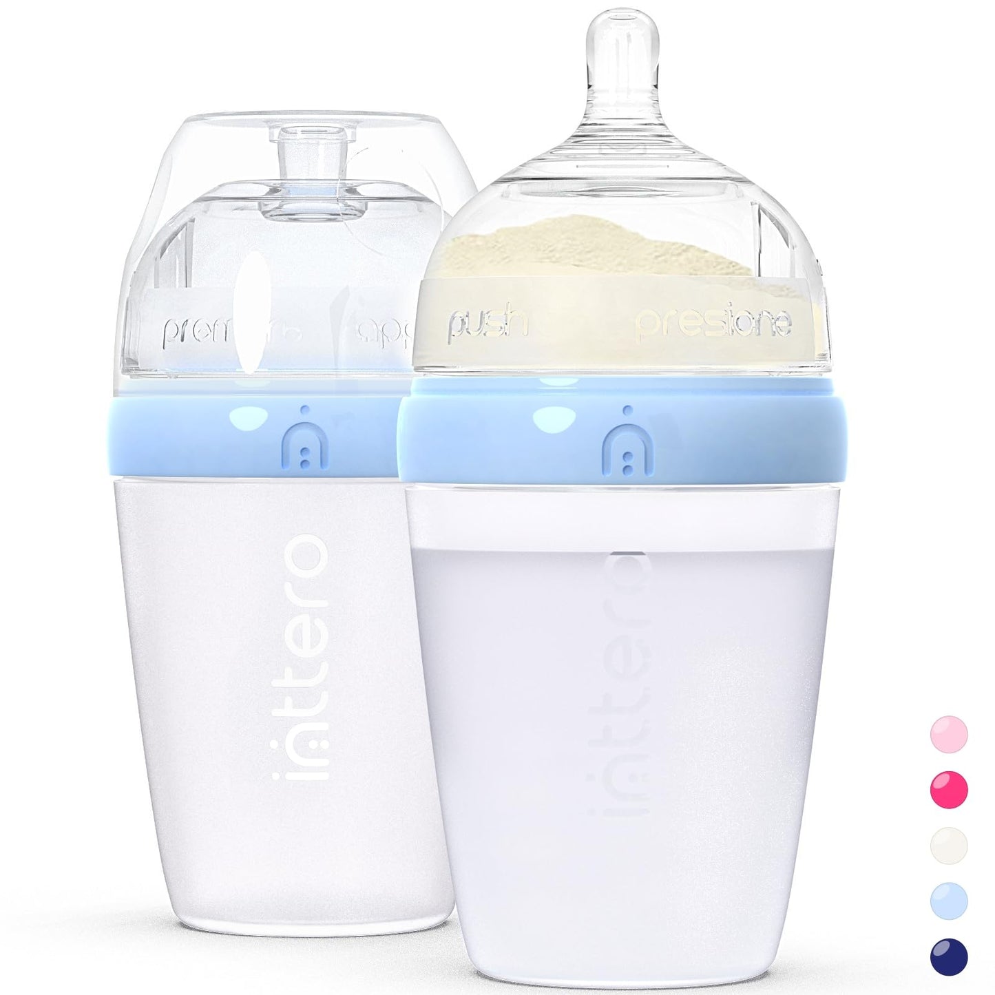 Inttero 9Oz Blue Formula Dispenser Anti-Colic Baby Bottles - 2 Pack/Medium Flow (Cute Blue) - Everyday Baby Essential - Formula