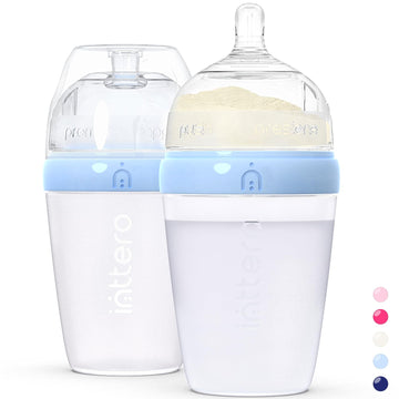 Inttero 9Oz Blue Formula Dispenser Anti-Colic Baby Bottles - 2 Pack/Medium Flow (Cute Blue) - Everyday Baby Essential - Formula