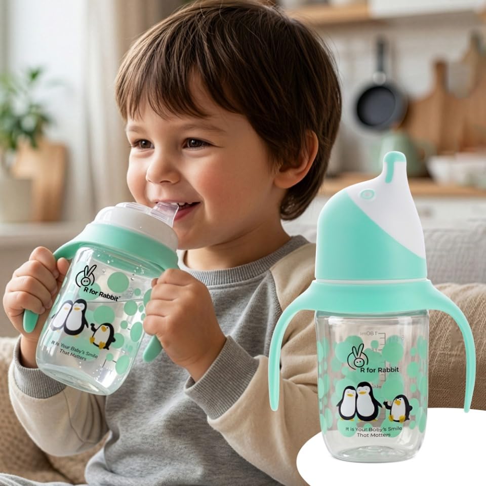 R For Rabbit Penguin Spout Sipper Cup 180 Ml Bottle, Pp Spout Sipper For Kids Age Of 1 + Year  Green