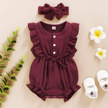 Younger Tree Toddler Baby Girl Ruffled Sleeveless Romper Casual Summer Jumpsuit Cotton Linen Clothes (Button-Red, 18-24 Months)