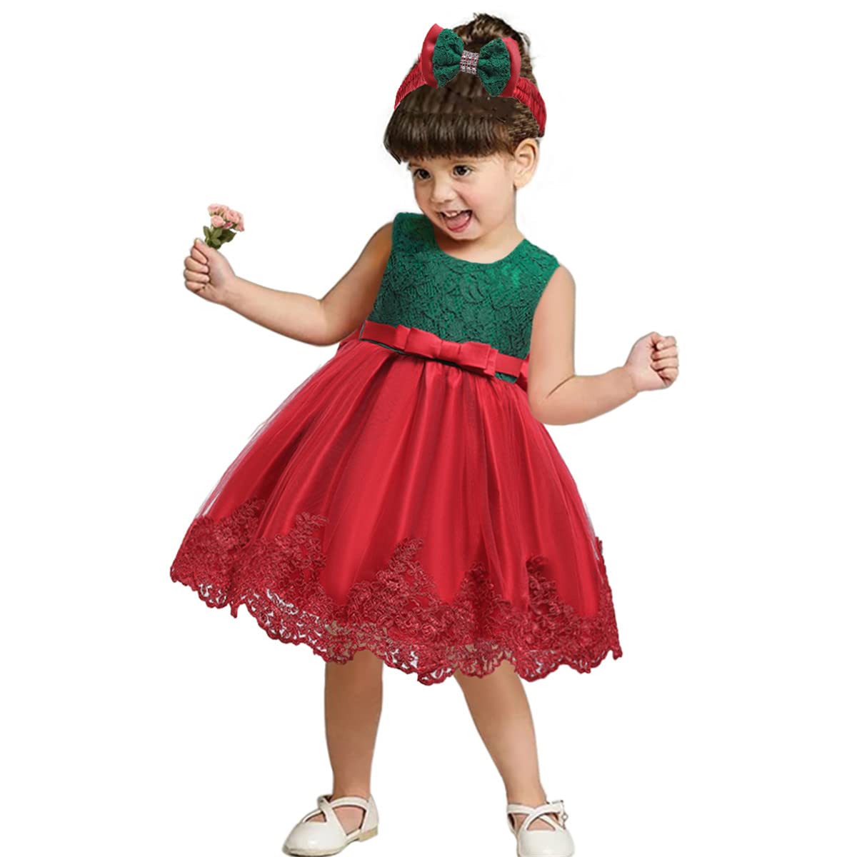 Little Girls Christmas Embroidery Lace Dresses Infant Easter Halloween Wedding Formal Event Dress(Red Green,120) 5-6 Years