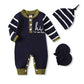 Grnshts Newborn Baby Boy Romper Coming Home Outfits Letter Print Bodysuit Jumpsuit+Hat+Gloves 3Pcs Clothes Set (Dark Blue+Stripe