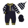 Grnshts Newborn Baby Boy Romper Coming Home Outfits Letter Print Bodysuit Jumpsuit+Hat+Gloves 3Pcs Clothes Set (Dark Blue+Stripe