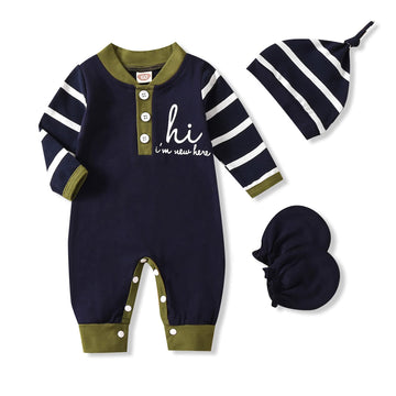 Grnshts Newborn Baby Boy Romper Coming Home Outfits Letter Print Bodysuit Jumpsuit+Hat+Gloves 3Pcs Clothes Set (Dark Blue+Stripe