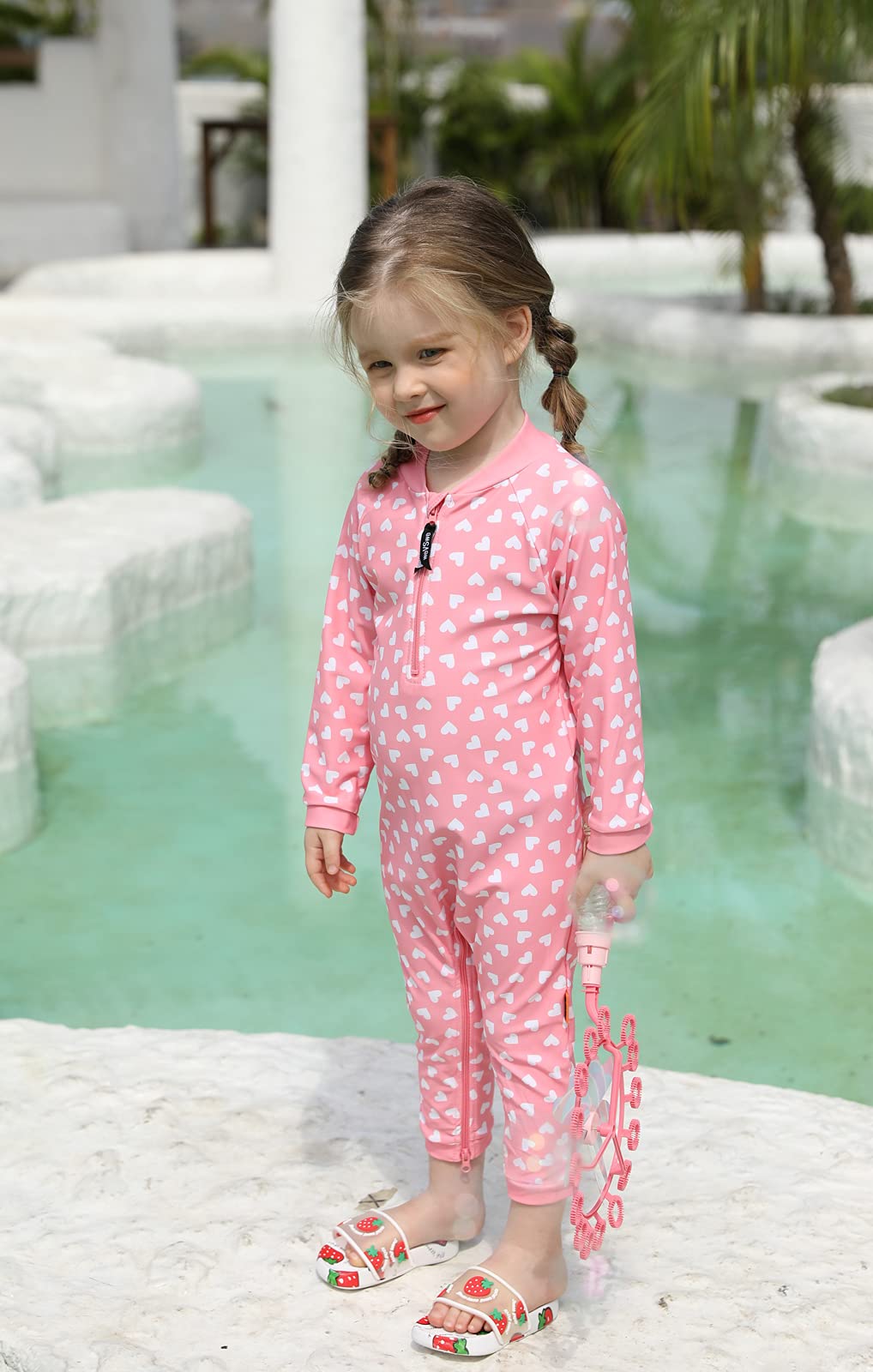 Wevswe Baby Toddler Girls Swimsuit Rash Guard One Piece Pink Heart Crotch Zipper Upf 50+ Protection For Easy Diaper Changes 12-1