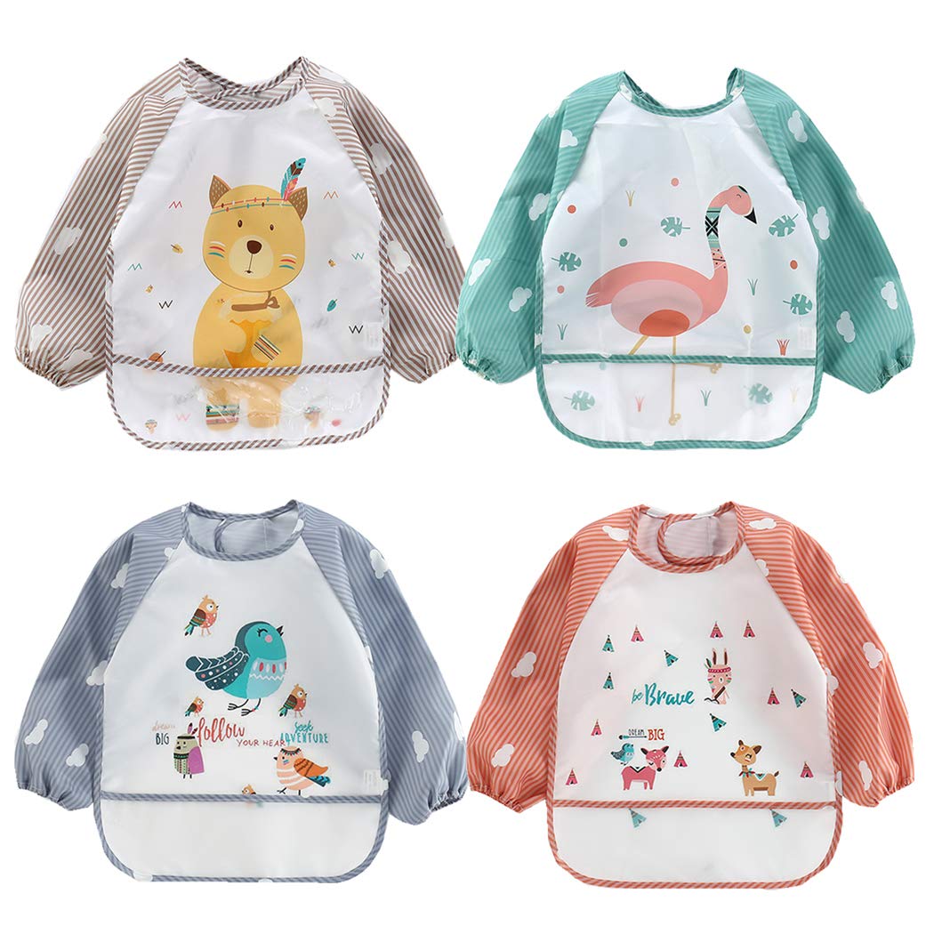 Haimoburg 4 Pcs Long Sleeved Baby Infant Toddler Bibs Sleeved Bibs 8-36 Months