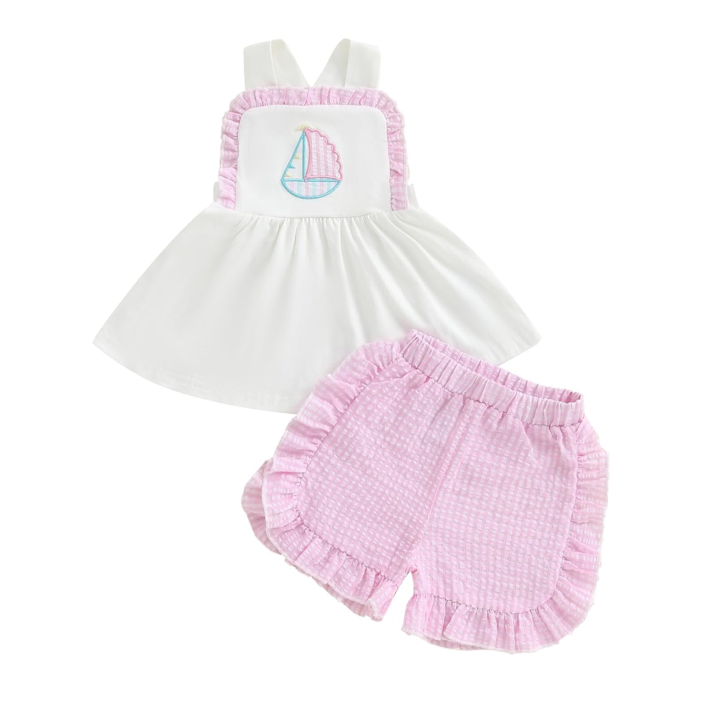 Bagilaanoe 2PCS Summer Outfit Toddler Baby Girl Sailboat Sleeveless Tunic Dress T-Shirt Ruffle Plaid Shorts Set (Pink Sleeveless