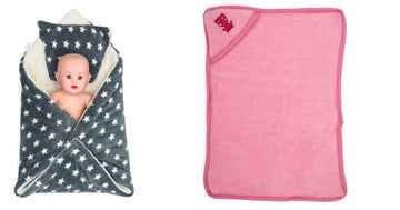 CTMKIDS Baby Wrap with Cushion Cap for Kids 74x84 cm  Grey & Hooded Baby Blanket for Kids 66x92 cm  Pink