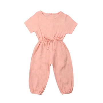 Mubineo Toddler Baby Girl Summer Fall Basic Plain Short Sleeve Cotton Linen Drawstring Romper Jumpsuit (Peach Pink, 18-24 Months
