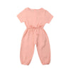 Mubineo Toddler Baby Girl Summer Fall Basic Plain Short Sleeve Cotton Linen Drawstring Romper Jumpsuit (Peach Pink, 6-12 Months)