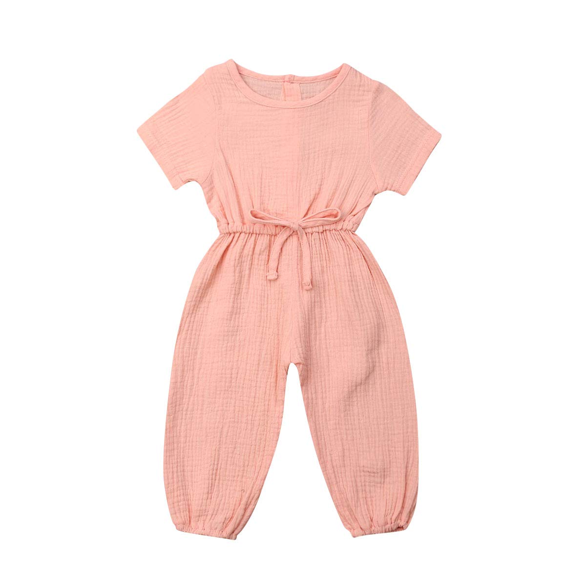 Mubineo Toddler Baby Girl Summer Fall Basic Plain Short Sleeve Cotton Linen Drawstring Romper Jumpsuit (Peach Pink, 12-18 Months