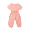 Mubineo Toddler Baby Girl Summer Fall Basic Plain Short Sleeve Cotton Linen Drawstring Romper Jumpsuit (Peach Pink, 4-5T)