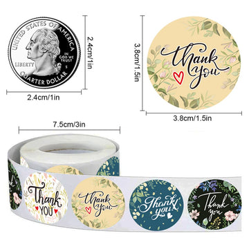 500Pcs Thank You Stickers Small Business 1.5 Inch, 4 Color Floral With Font Designs Round Labels, Personalized Thank You Sticker