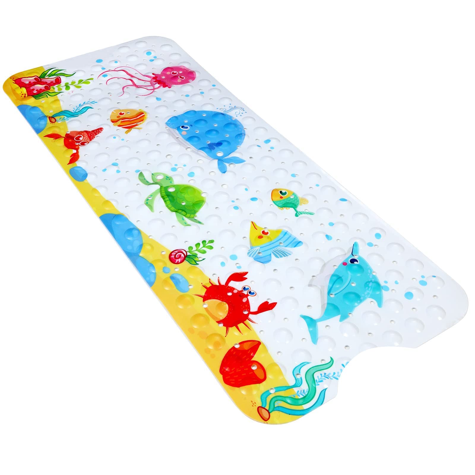 Secopad Kids Bath Mat For Tub Non Slip, 40 X 16 Inch Large Cartoon Whale Anti Slip Toddler Baby Bath Mat, Right Drain