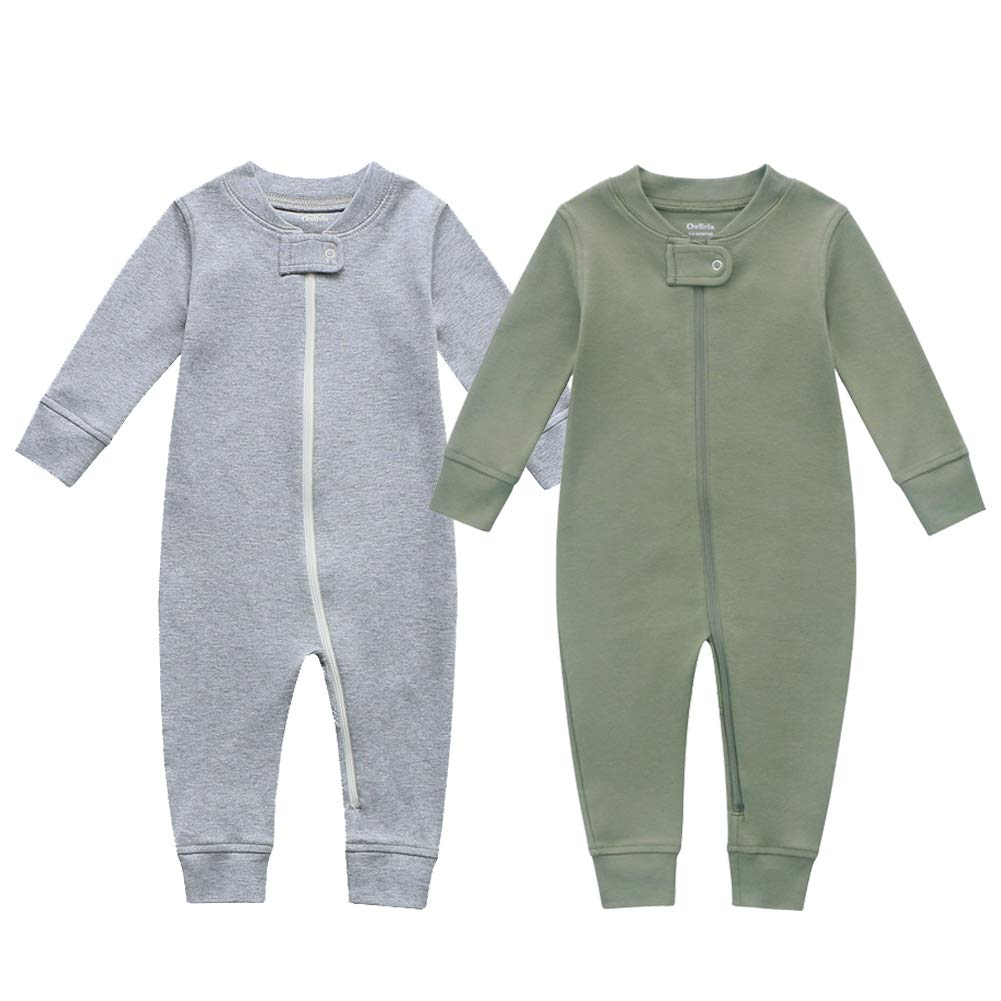 Owlivia Organic Cotton Baby Boy Girl Zip Up Sleep N Play, Footless, Long Sleeve(0-3 Months, Dark Grey Melange & Olive Green)