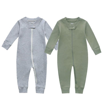 Owlivia Organic Cotton Baby Boy Girl Zip Up Sleep N Play, Footless, Long Sleeve(0-3 Months, Dark Grey Melange & Olive Green)