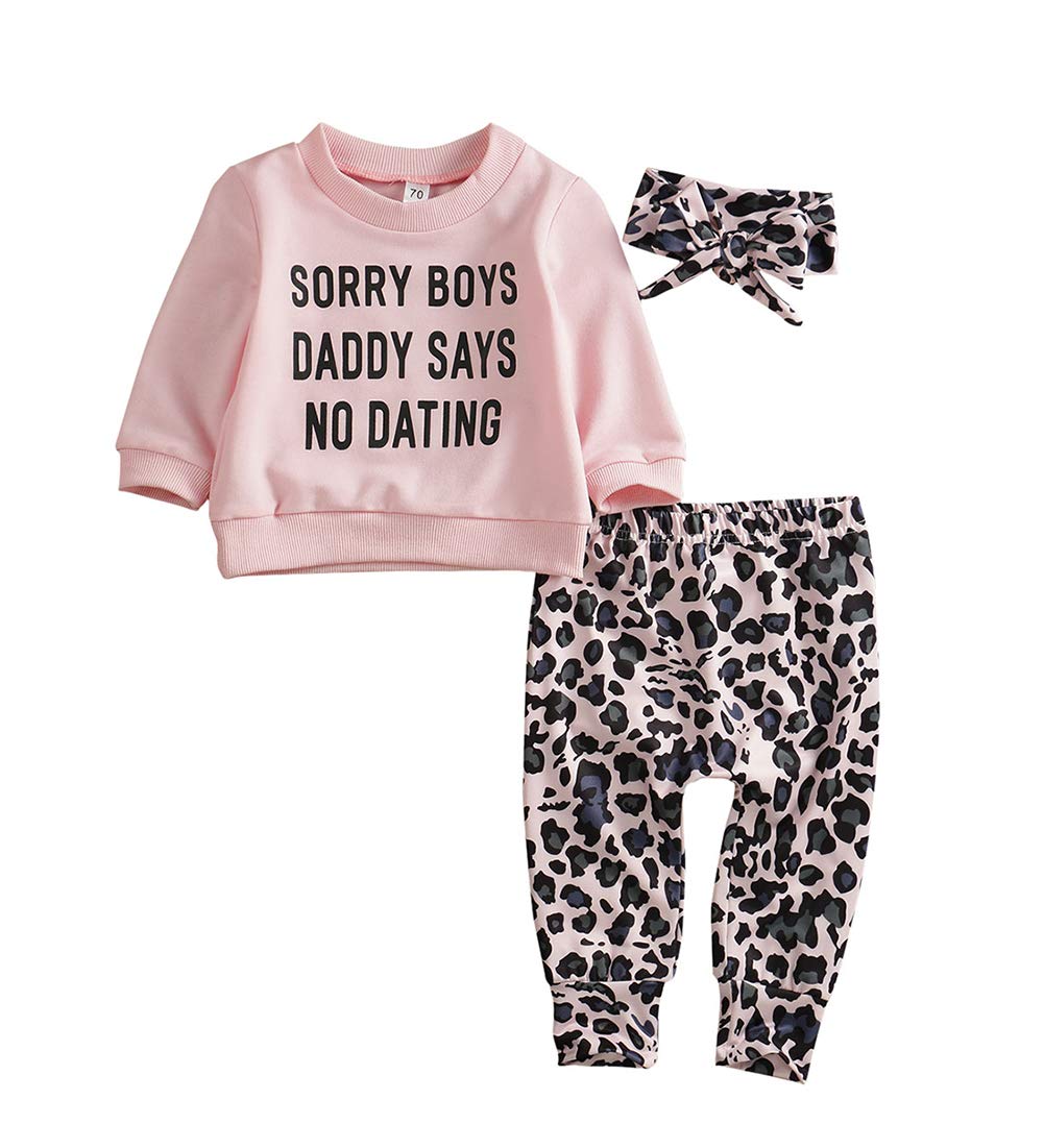Newborn Baby Girls Clothes Daddy Saying Top Printed T-Shirt Leopard Pants+Headband Sweatshirt Outfit Set (A-Daddy Says, 18-24 Mo