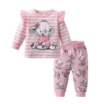 Eghunooy Baby Girls Clothes Set 2 Piece Long Sleeve Cartoon Elephant Infant Outfits (6-9 Months) Pink