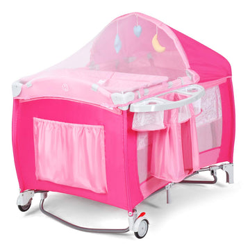 Costzon 4 in 1 Pink Pack and Play with Bassinet, Portable Baby Playard with Adjustable Canopy, Side Zipper Entrance, Music Box, 