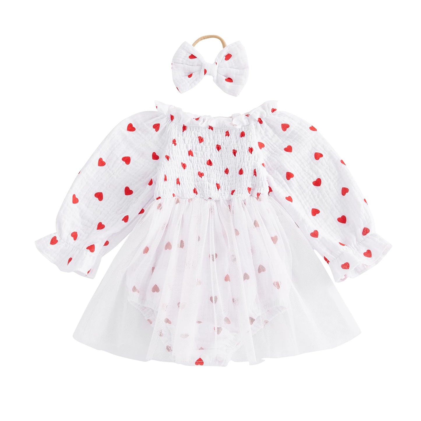 Baby Girl Valentines Day Dress Heart Puff Sleeve Cotton Linen Tulle Romper Dresses Newborn Valentines Outfit (White, 12-18 Month