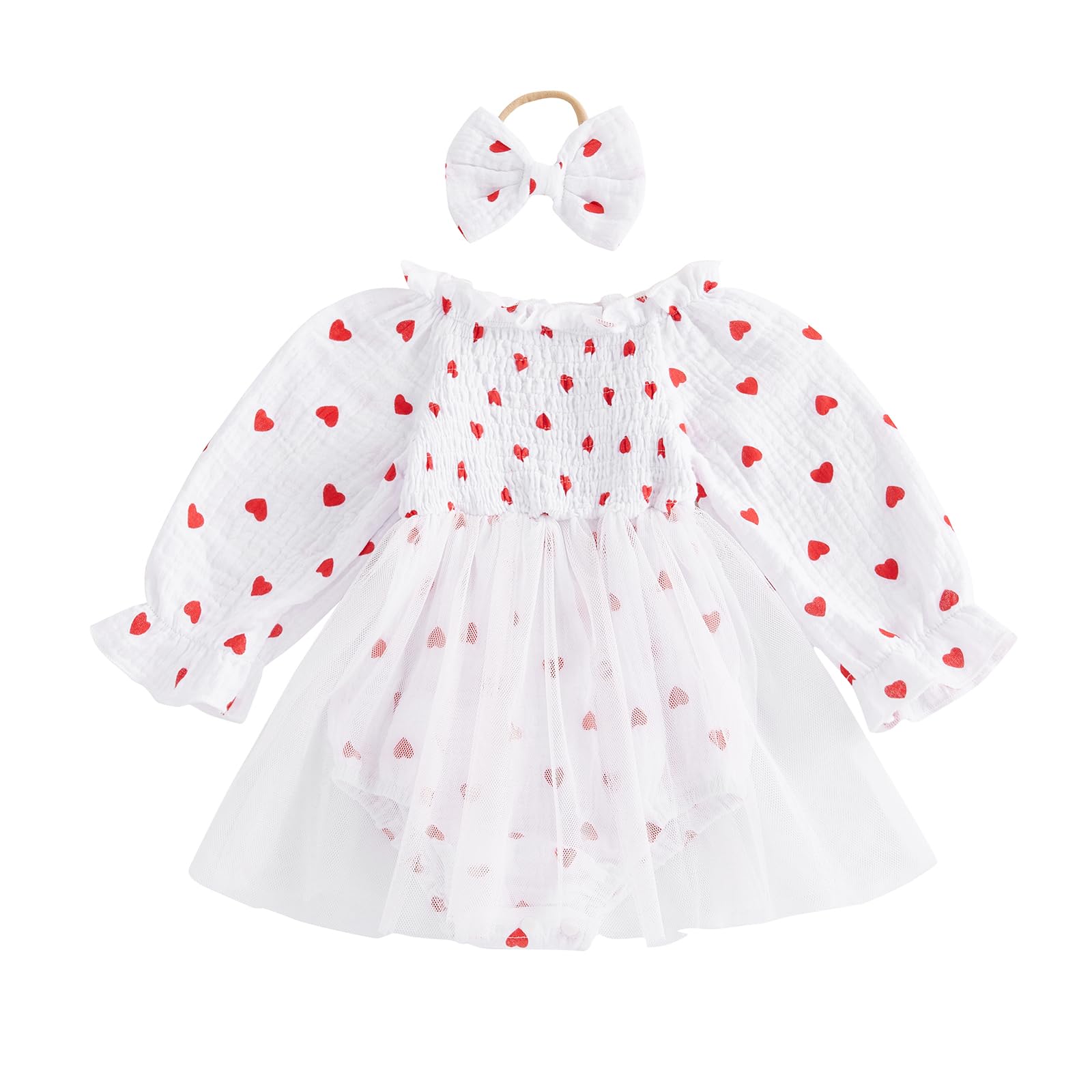 Baby Girl Valentines Day Dress Heart Puff Sleeve Cotton Linen Tulle Romper Dresses Newborn Valentines Outfit (White, 12-18 Month