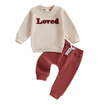 Gueuusu Toddler Baby Boy Girl Spring Fall Clothes Long Sleeve Loved Embroidery Sweatshirt Red Pants Set Valentines Day Outfit (R