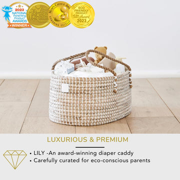 Bebe Bask Baby Diaper Caddy Organizer - Handmade Organic Seagrass - Luxury Diaper Caddy Basket - Cute Diaper Caddy For Baby Girl
