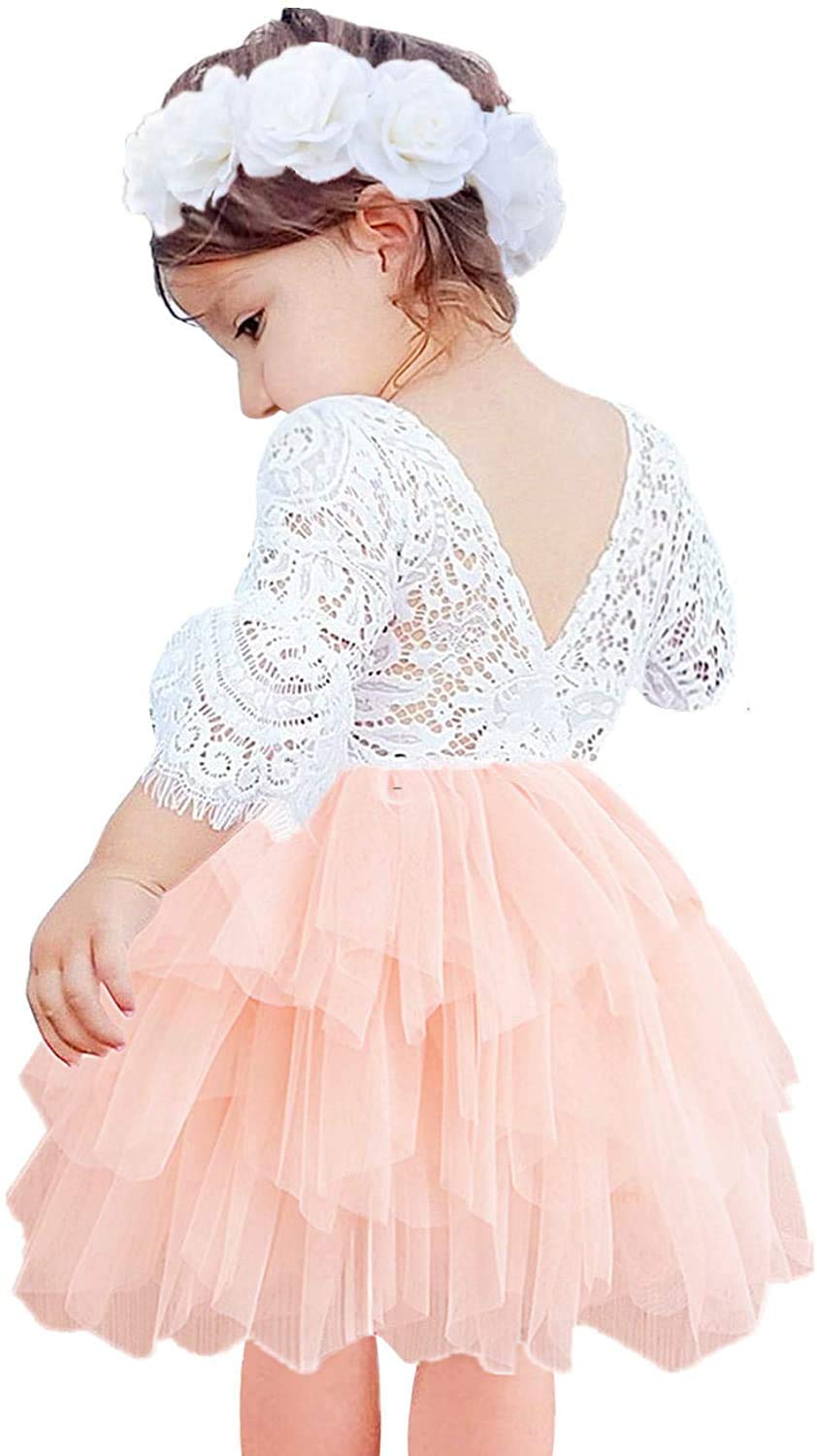2Bunnies Girl Peony Lace Back A-Line Tiered Tutu Tulle Flower Girl Dress (Pink B
