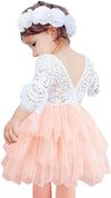 2Bunnies Girl Peony Lace Back A-Line Tiered Tutu Tulle Flower Girl Dress (Pink Bell Sleeve, 7-8Yrs)