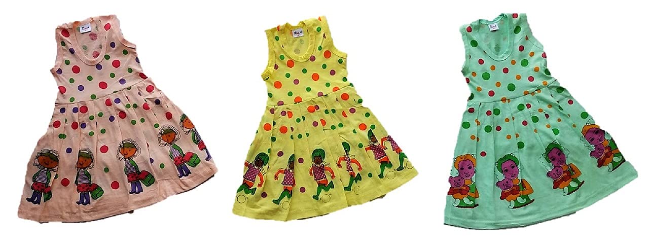 Vfirst Girls Sleevless Knee Length Soft Cotton Printed Casual Frock Set| 12 Year, Pack of 3