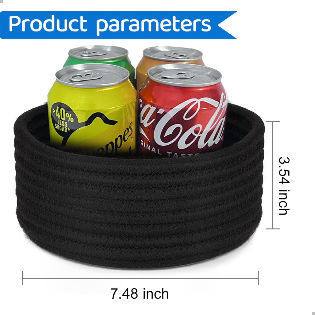 Hispqser 2Pack Black Woven Baskets, Natural Small Cotton Rope Storage Cute Round Decorative For Toys Decorative Hamper For Nurse